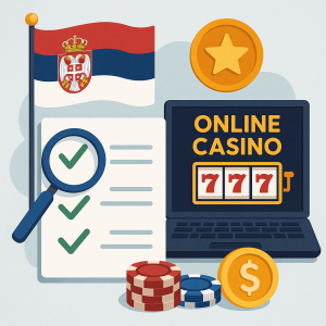 Ilustracija kriterijuma za ocenjivanje online kazina u Srbiji sa zastavom Srbije, laptopom sa slot mašinom, žetonima i kontrolnom listom.